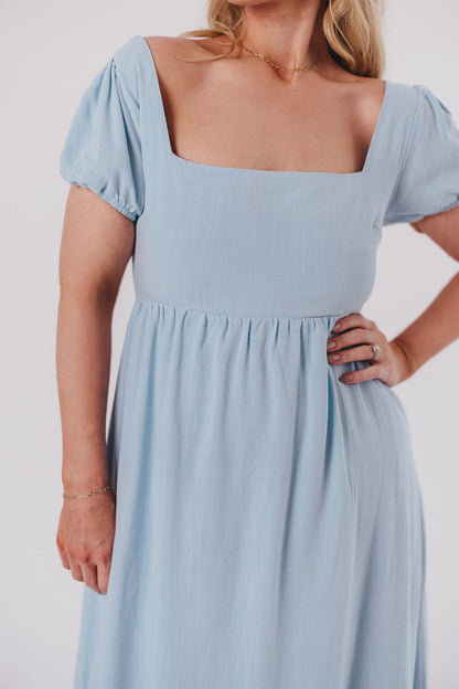 Ainsley Square Neck Midi Dress with Puffed Sleeves in Baby Blue - Bump Friendly & Inclusive Sizing (S-3XL)