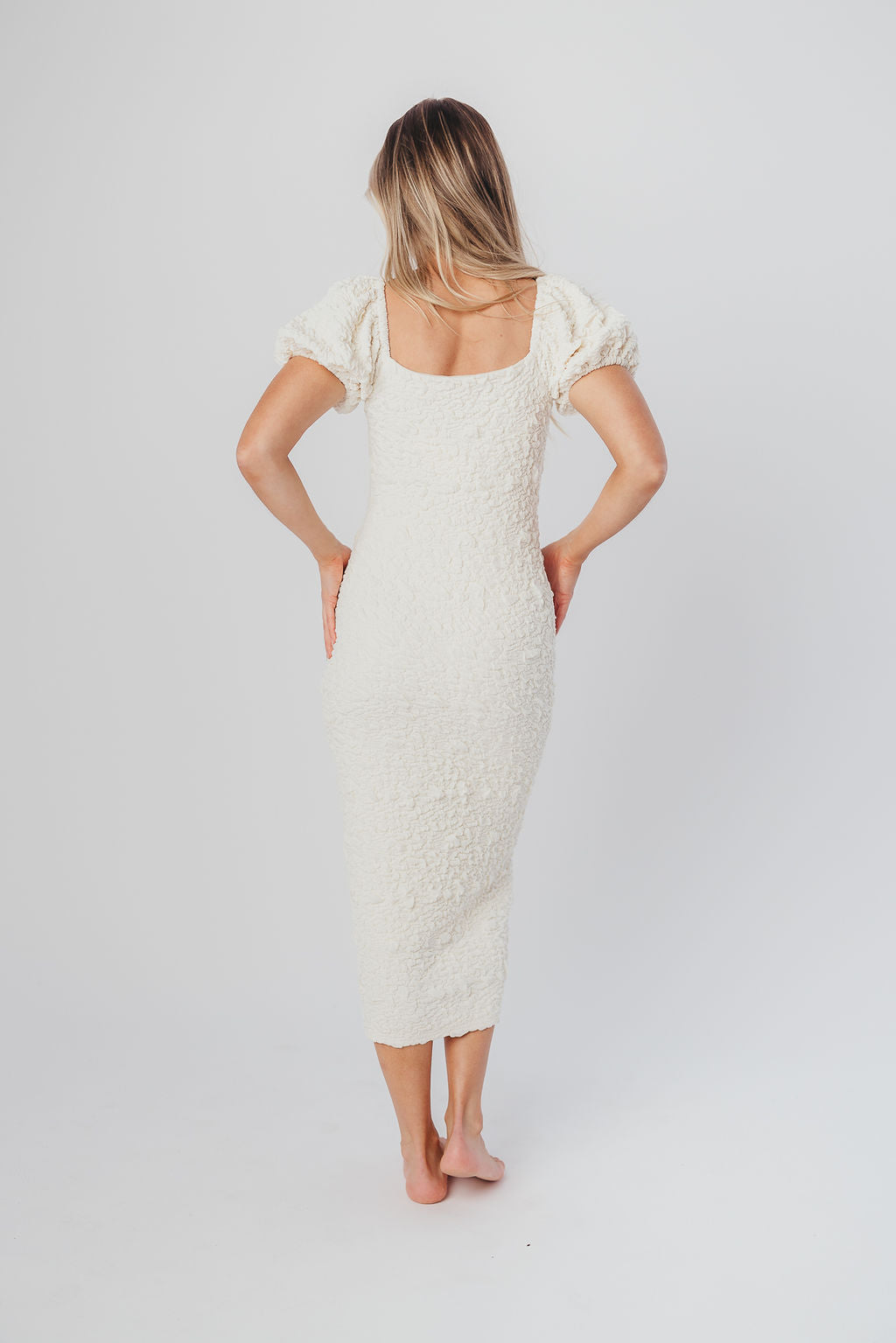 Blakeley Textured Midi Dress in Ivory - Bump Friendly & Inclusive Sizing (S-3XL)