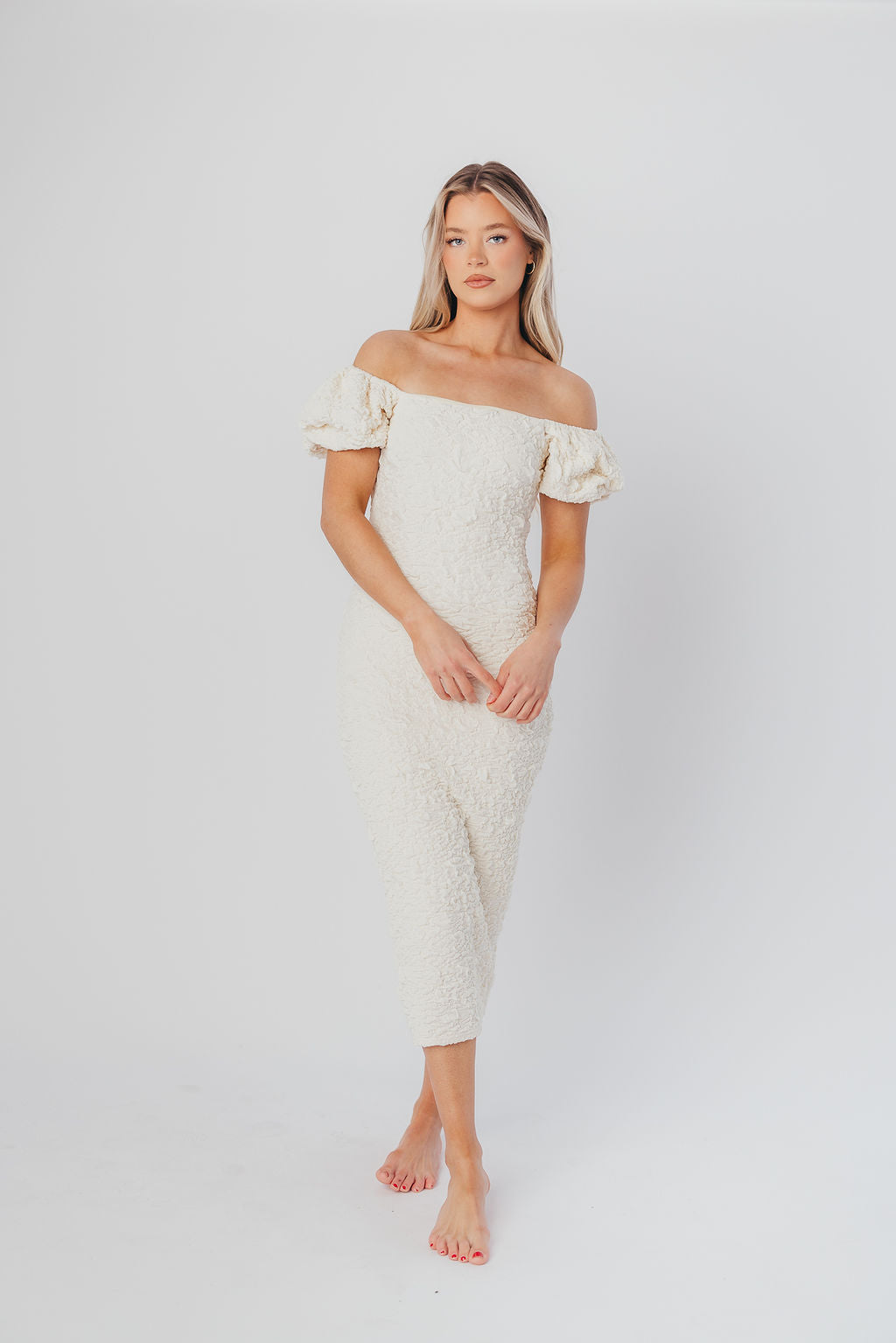 Blakeley Textured Midi Dress in Ivory - Bump Friendly & Inclusive Sizing (S-3XL)