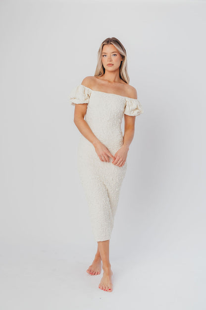 Blakeley Textured Midi Dress in Ivory - Bump Friendly & Inclusive Sizing (S-3XL)