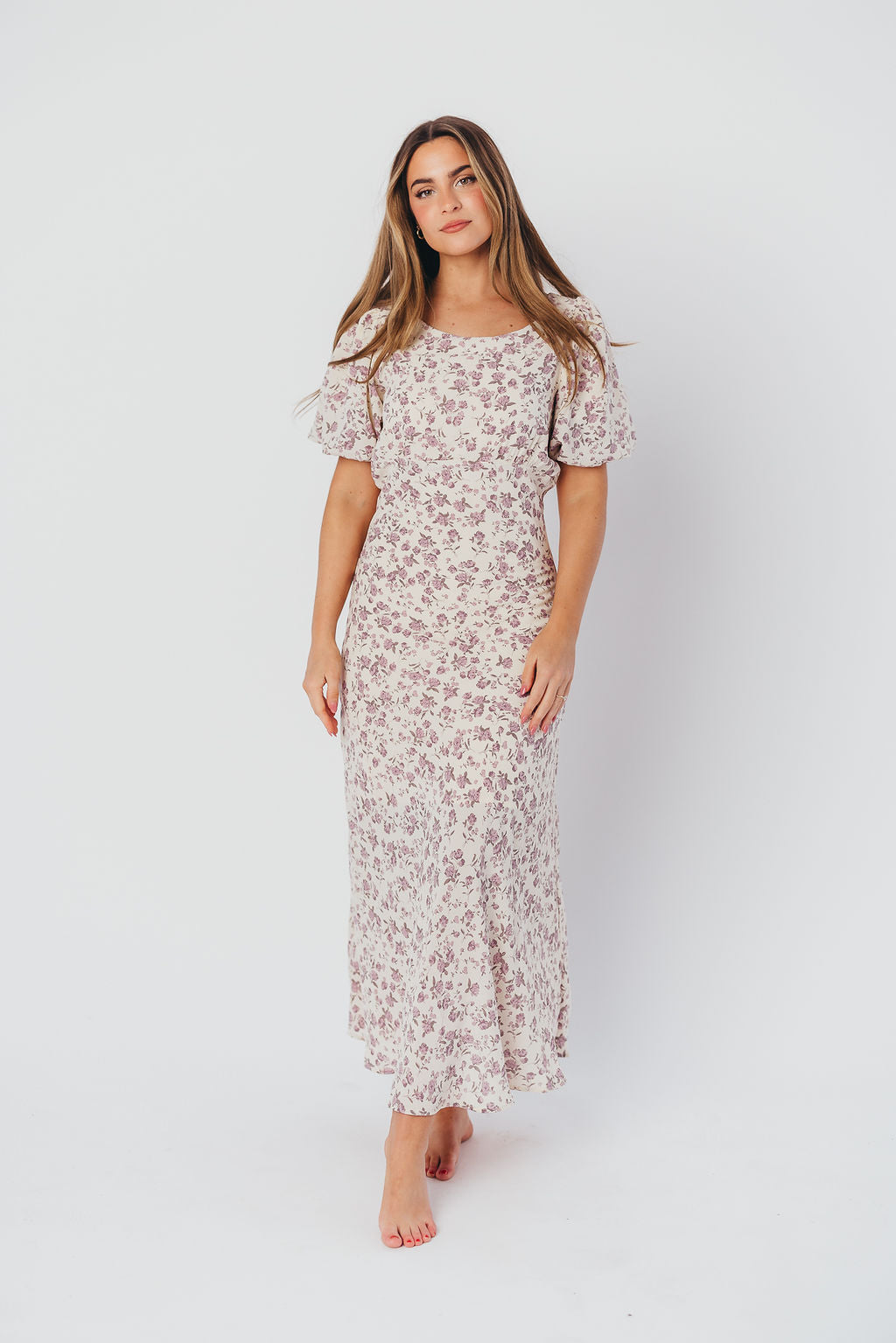 Lucia Bias-Cut Maxi Dress with Puffed Sleeves in Lilac Cream