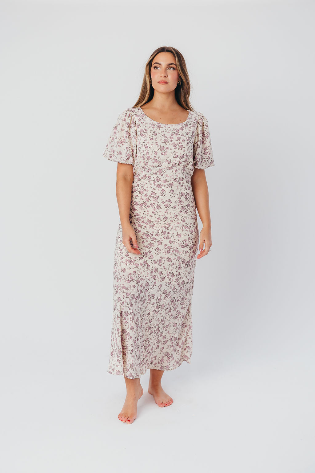 Lucia Bias-Cut Maxi Dress with Puffed Sleeves in Lilac Cream