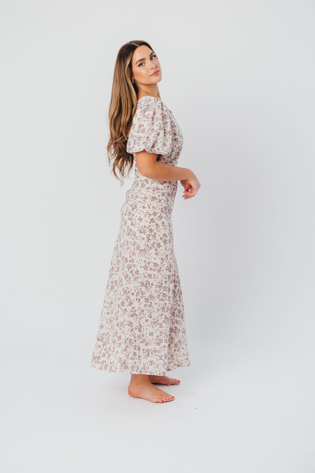 Lucia Bias-Cut Maxi Dress with Puffed Sleeves in Lilac Cream