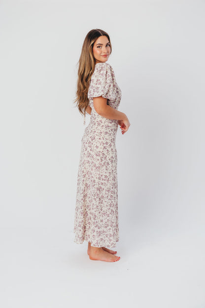 Lucia Bias-Cut Maxi Dress with Puffed Sleeves in Lilac Cream