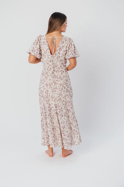 Lucia Bias-Cut Maxi Dress with Puffed Sleeves in Lilac Cream