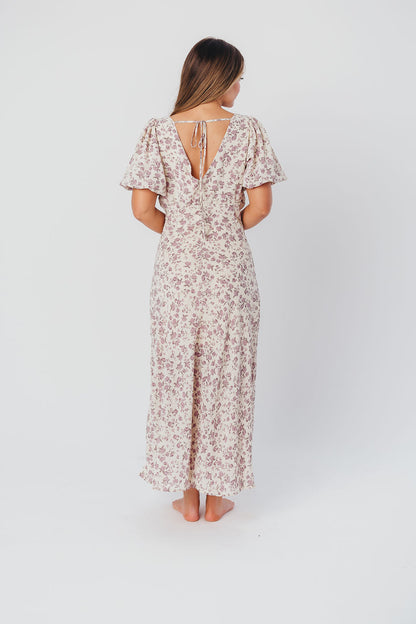 Lucia Bias-Cut Maxi Dress with Puffed Sleeves in Lilac Cream