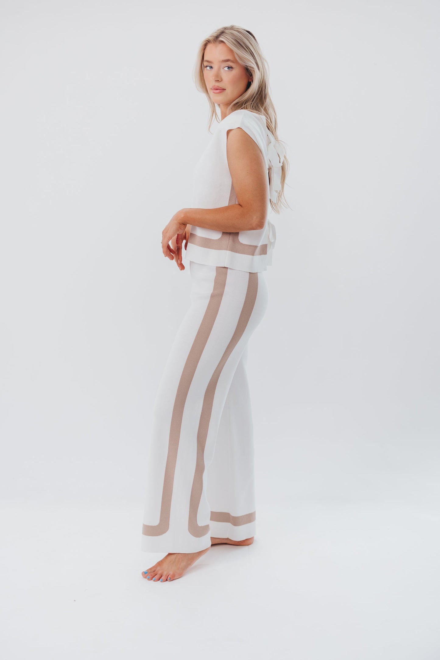 Renee Tie Back Sweater Top & Wide Leg Pants Set in Ivory/Taupe