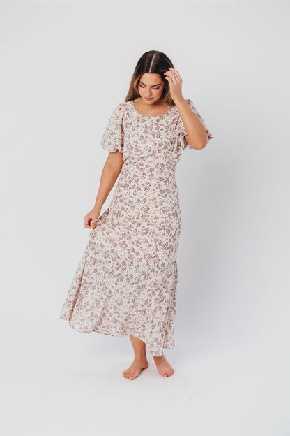 Lucia Bias-Cut Maxi Dress with Puffed Sleeves in Lilac Cream