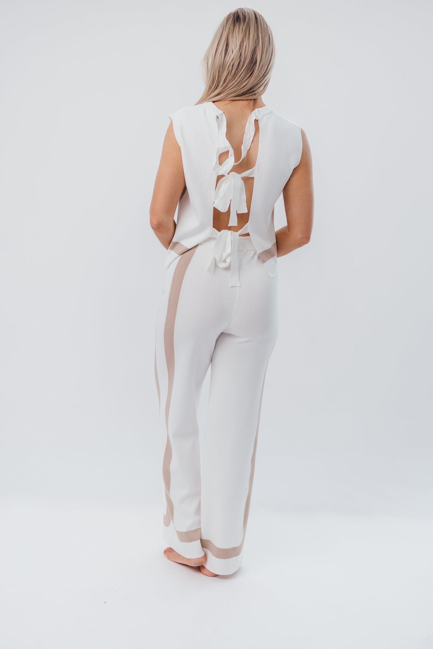 Renee Tie Back Sweater Top & Wide Leg Pants Set in Ivory/Taupe