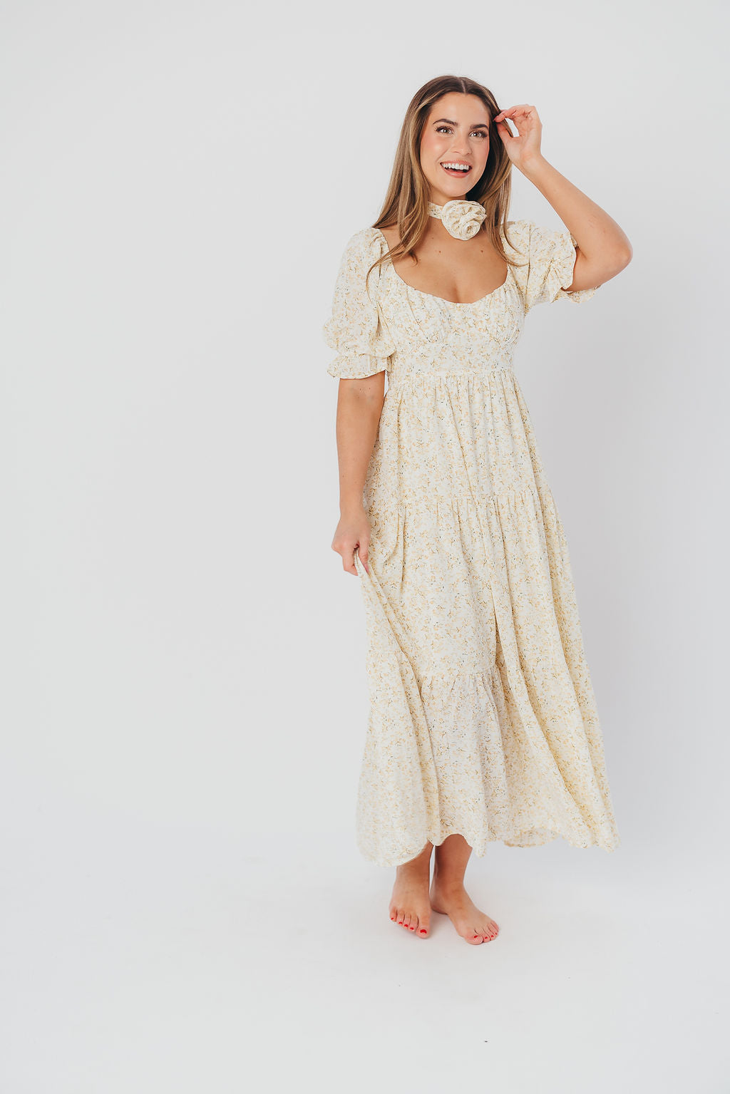 Patton Sweetheart Neckline Tiered Maxi Dress in Daffodil Creme