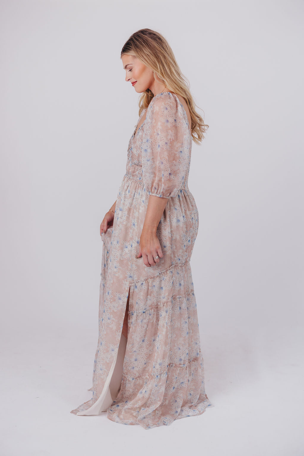 Daphne Maxi Dress in Beige Blue Floral - Bump Friendly & Inclusive Sizing (S-3XL)