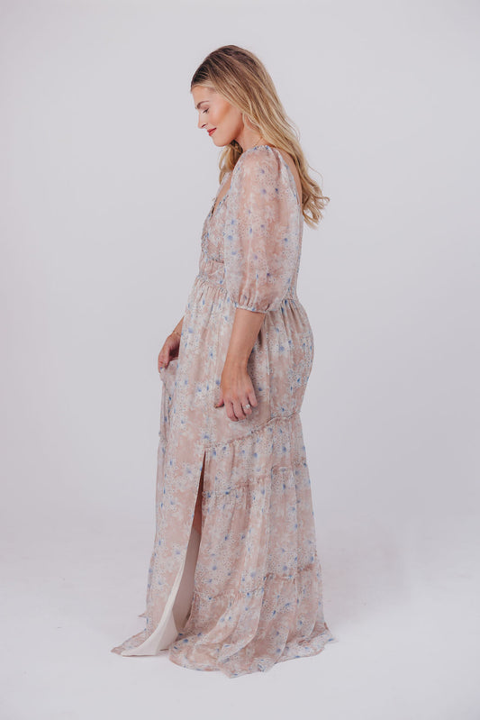 Daphne Maxi Dress in Beige Blue Floral - Bump Friendly & Inclusive Sizing (S-3XL)