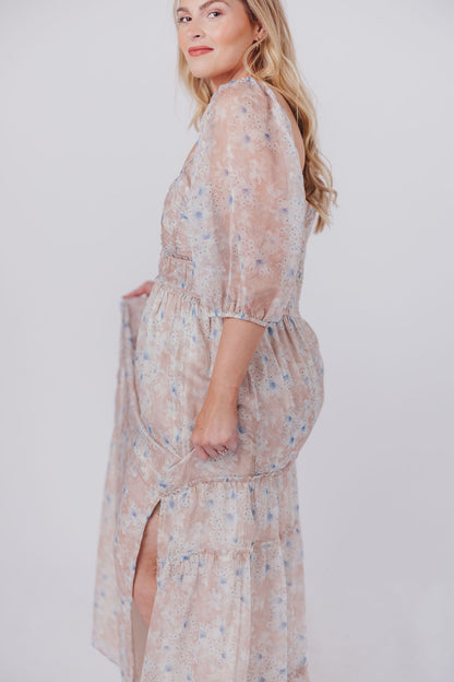 Daphne Maxi Dress in Beige Blue Floral - Bump Friendly & Inclusive Sizing (S-3XL)