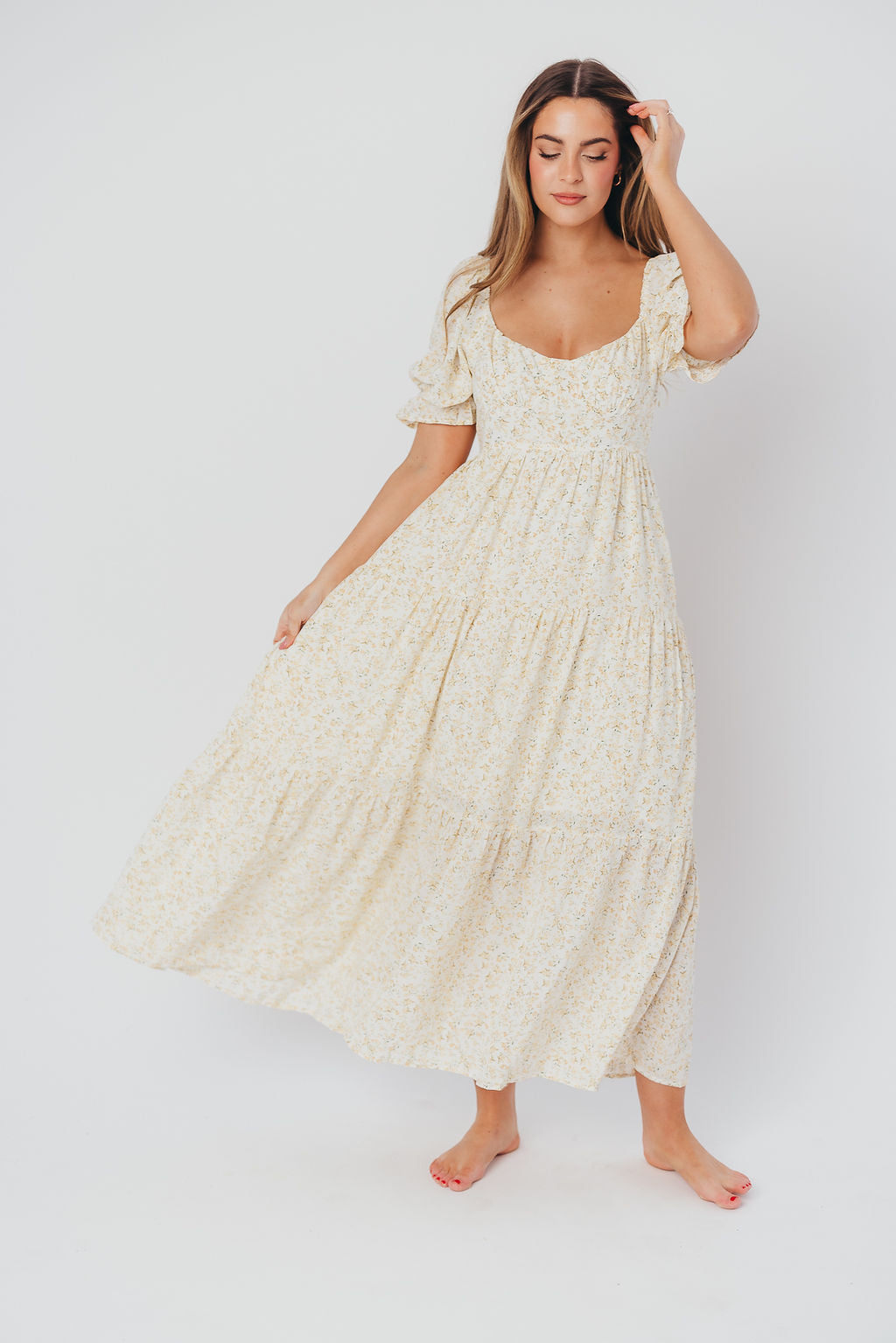 Patton Sweetheart Neckline Tiered Maxi Dress in Daffodil Creme