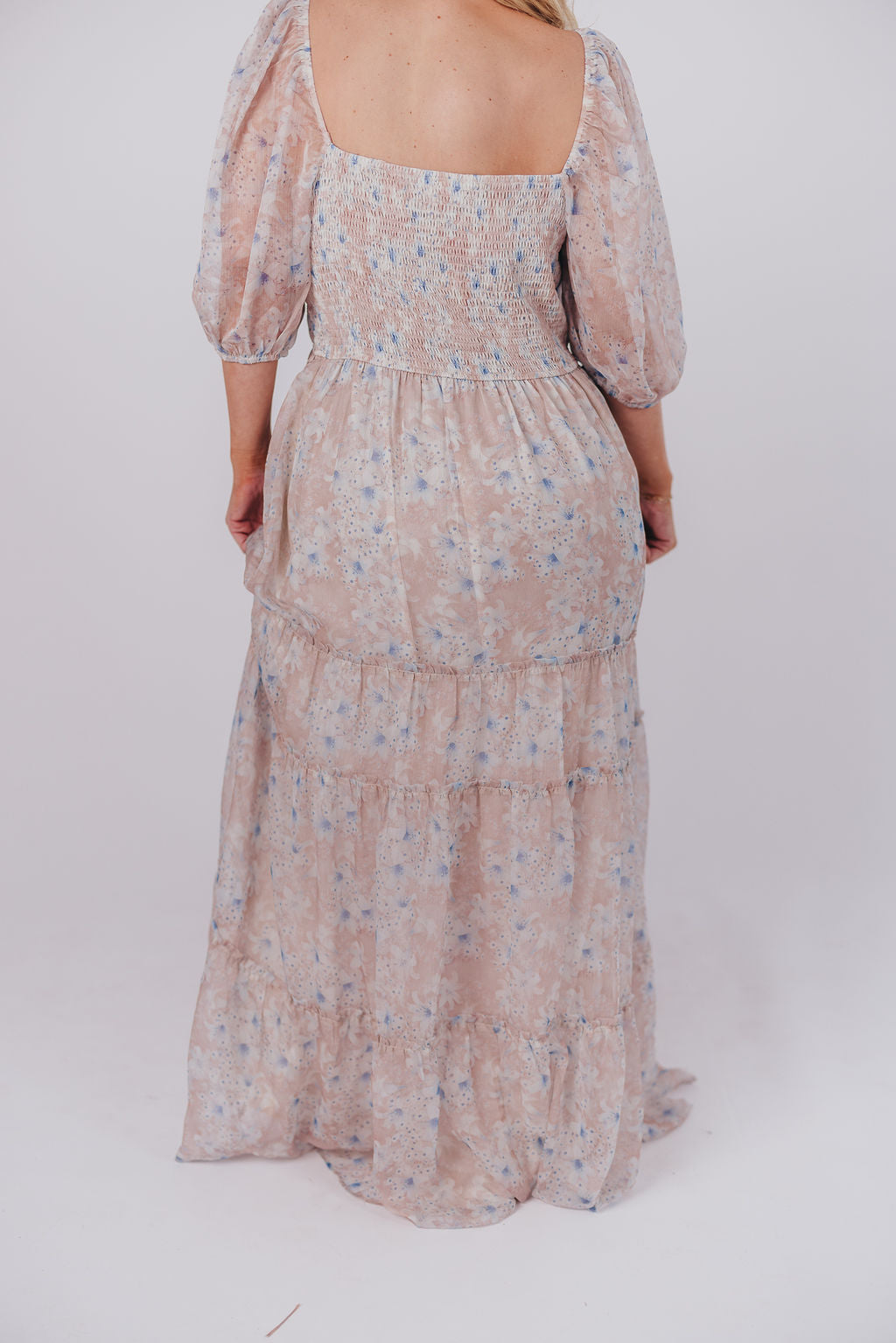 Daphne Maxi Dress in Beige Blue Floral - Bump Friendly & Inclusive Sizing (S-3XL)