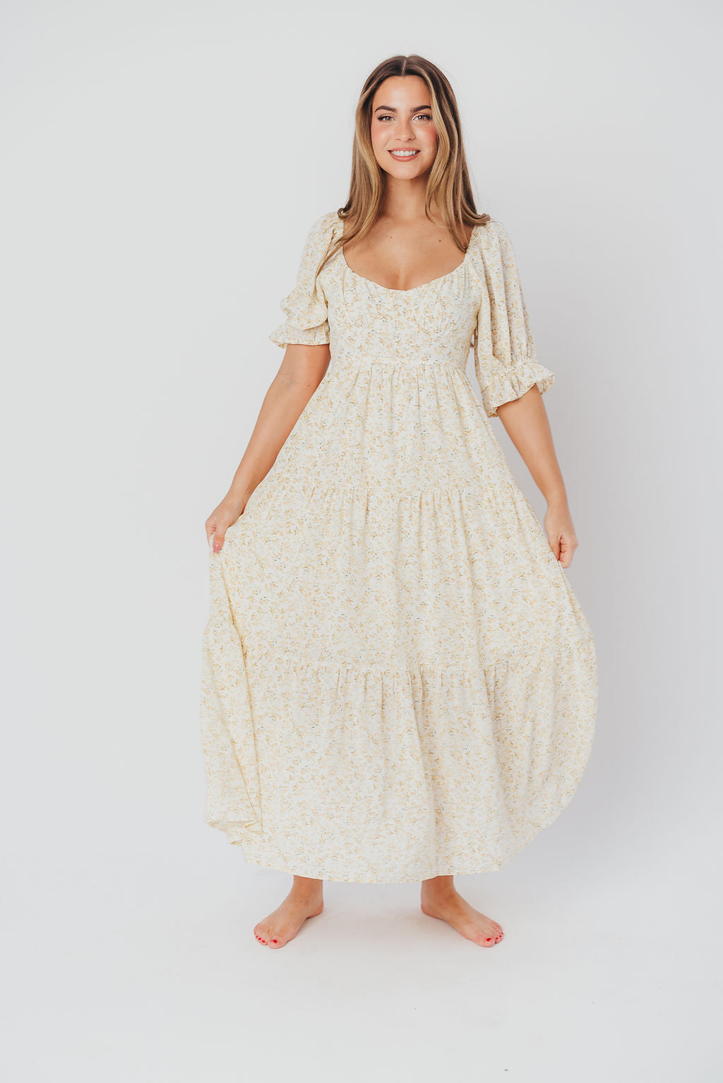 Patton Sweetheart Neckline Tiered Maxi Dress in Daffodil Creme