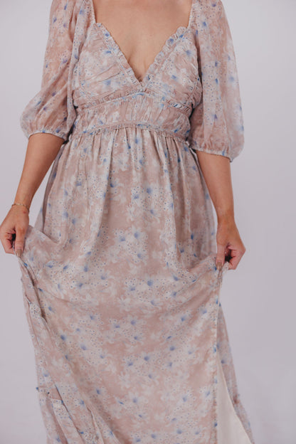 Daphne Maxi Dress in Beige Blue Floral - Bump Friendly & Inclusive Sizing (S-3XL)