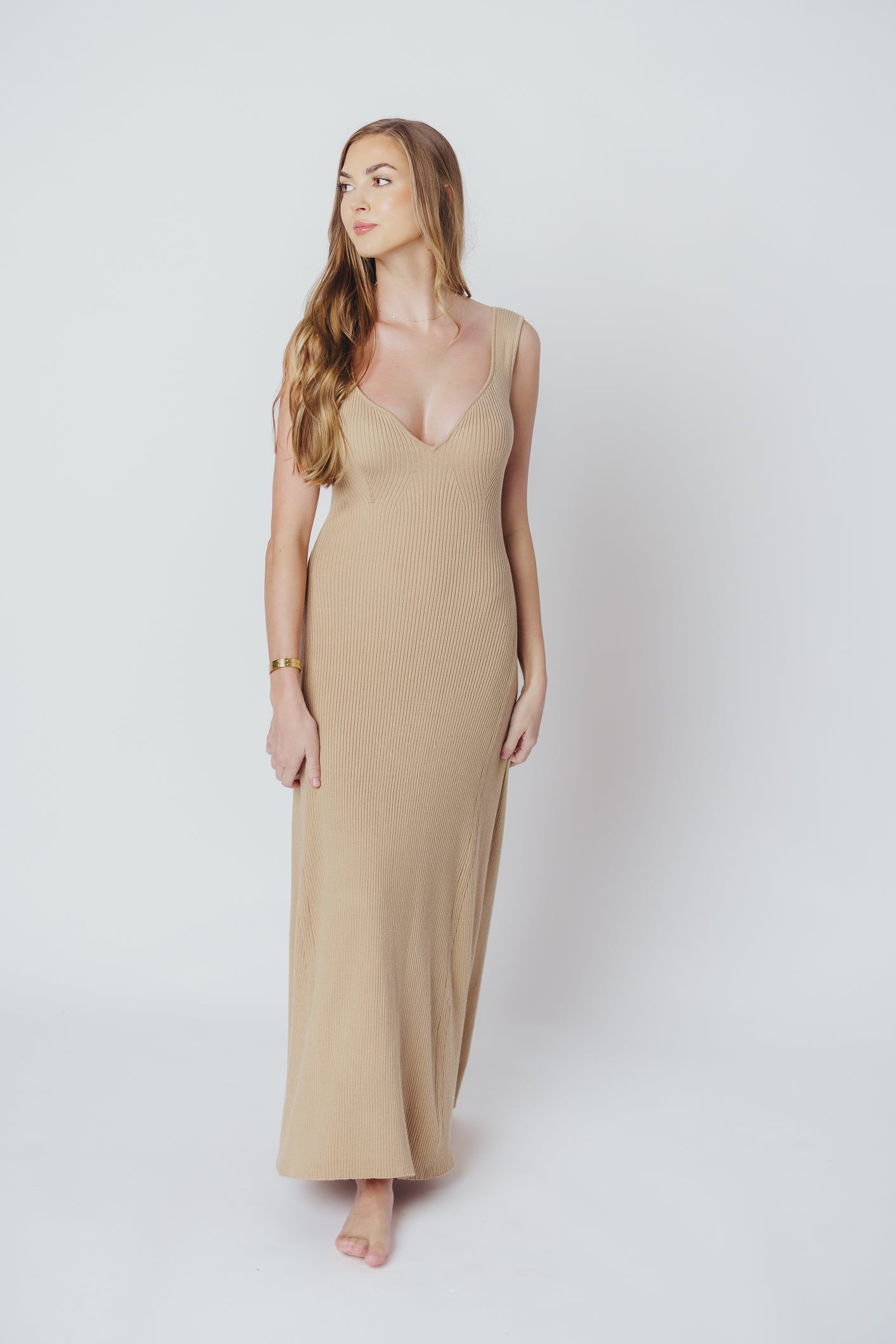 Sierra Ribbed Knit Maxi Dress in Natural Sand