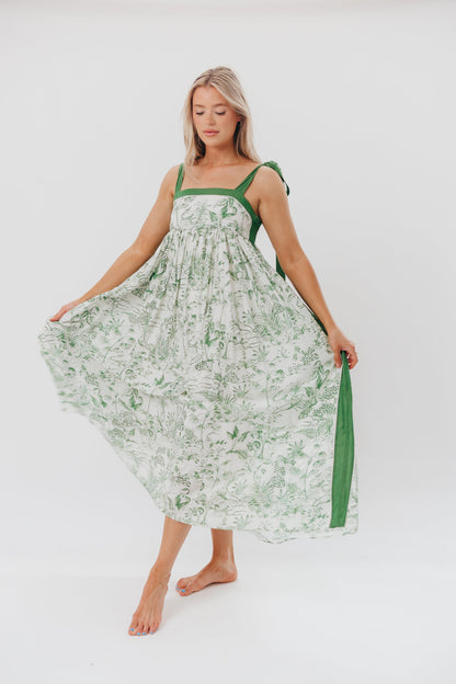 Sunny Floral Maxi Dress with Tie Straps in Green Palm