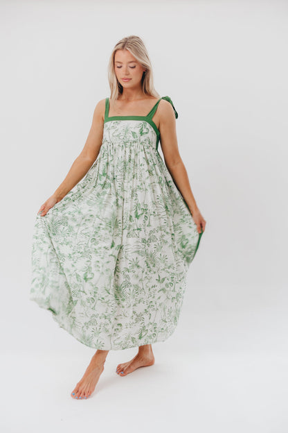 Sunny Floral Maxi Dress with Tie Straps in Green Palm