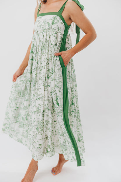 Sunny Floral Maxi Dress with Tie Straps in Green Palm