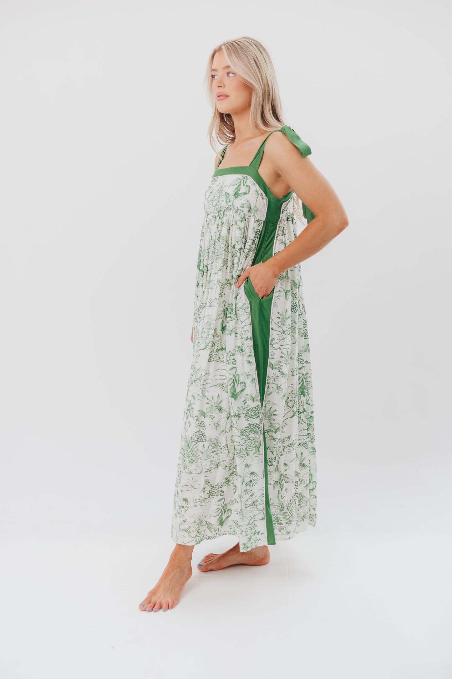 Sunny Floral Maxi Dress with Tie Straps in Green Palm