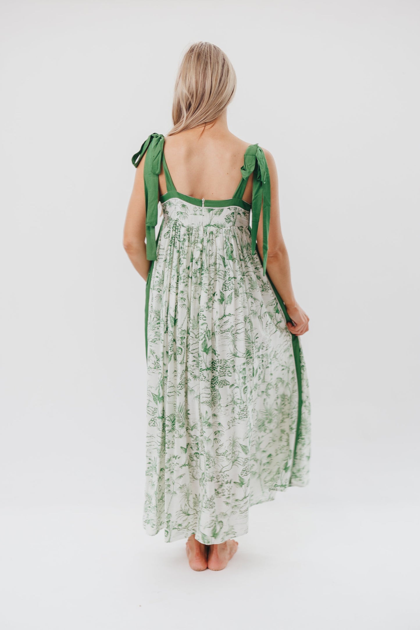 Sunny Floral Maxi Dress with Tie Straps in Green Palm