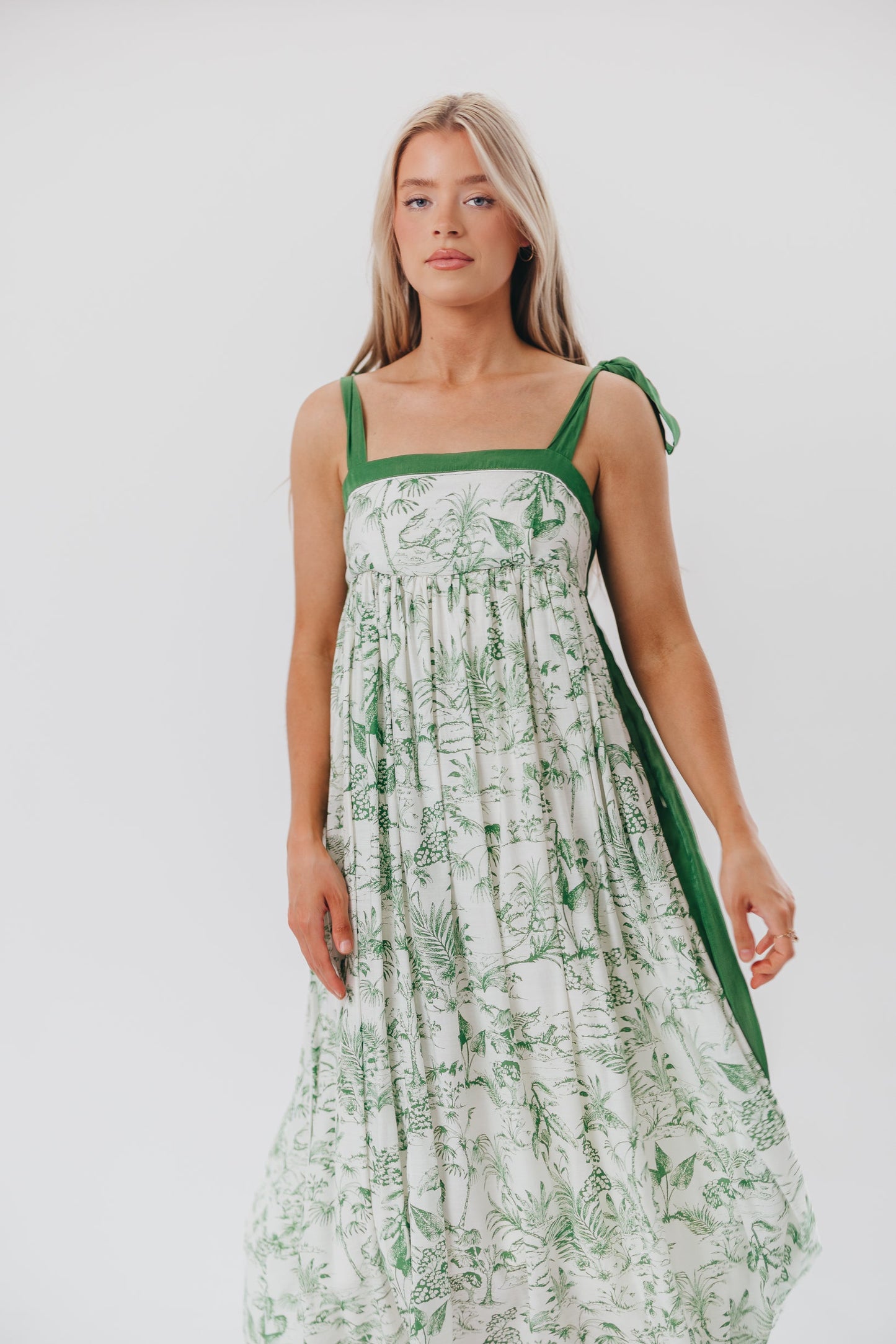 Sunny Floral Maxi Dress with Tie Straps in Green Palm