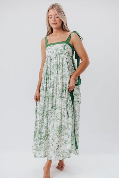 Sunny Floral Maxi Dress with Tie Straps in Green Palm