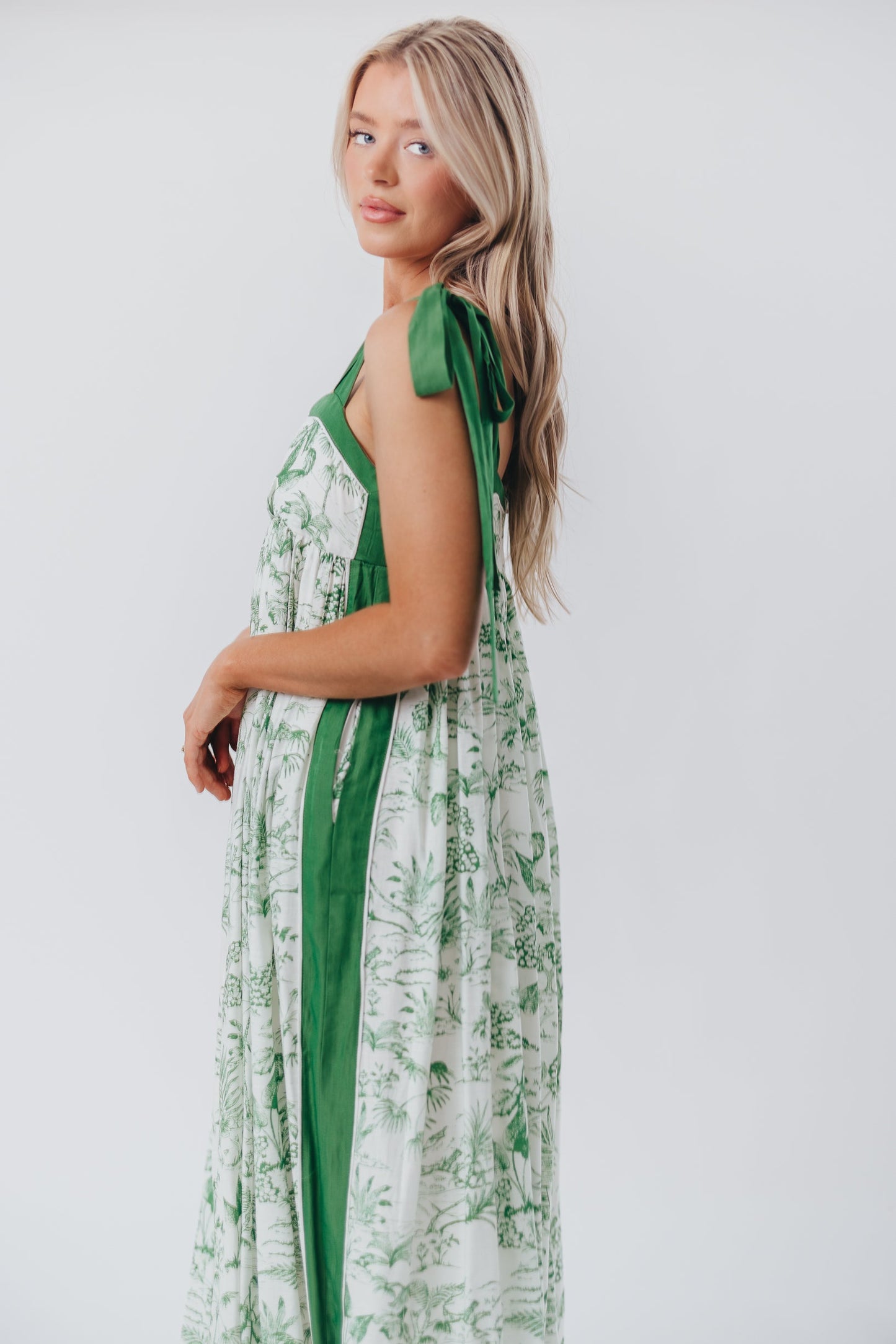 Sunny Floral Maxi Dress with Tie Straps in Green Palm