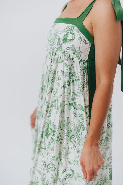 Sunny Floral Maxi Dress with Tie Straps in Green Palm