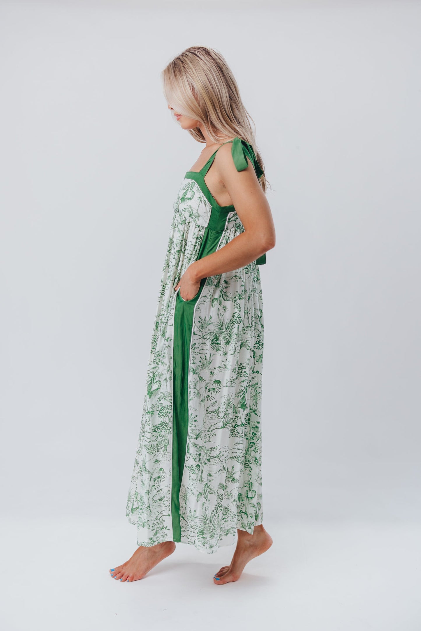 Sunny Floral Maxi Dress with Tie Straps in Green Palm