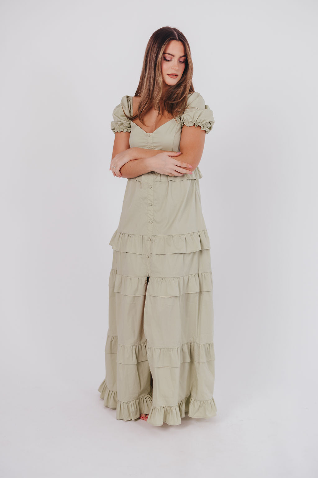 Hattie Ruffle-Tiered Maxi Dress in Pistachio