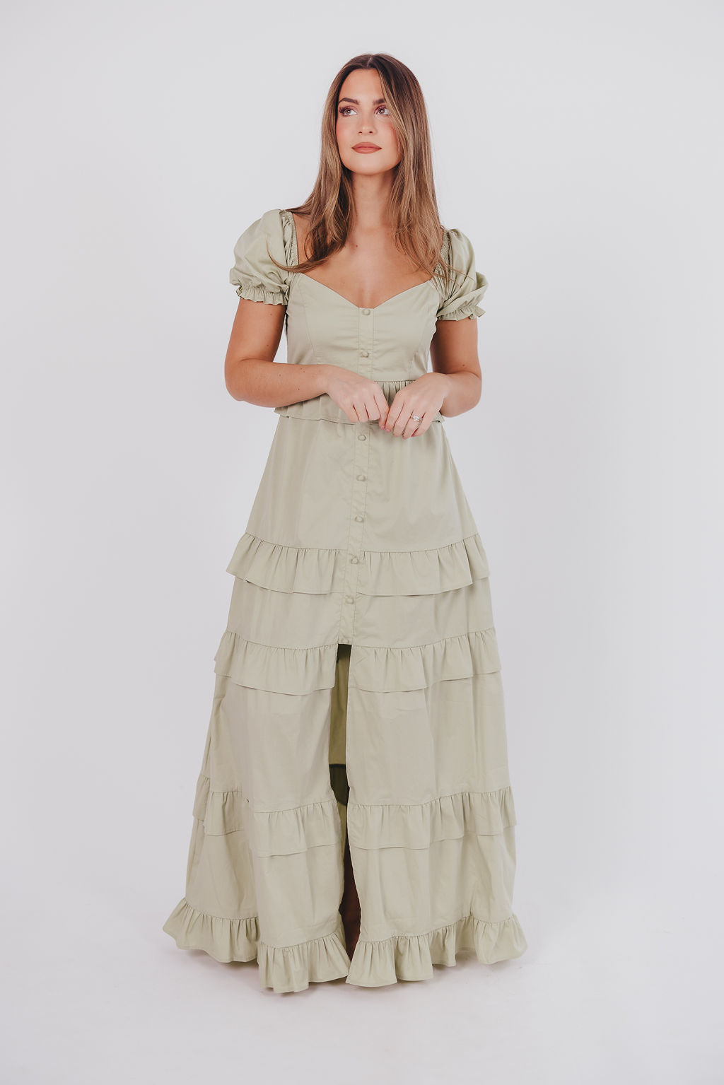 Hattie Ruffle-Tiered Maxi Dress in Pistachio