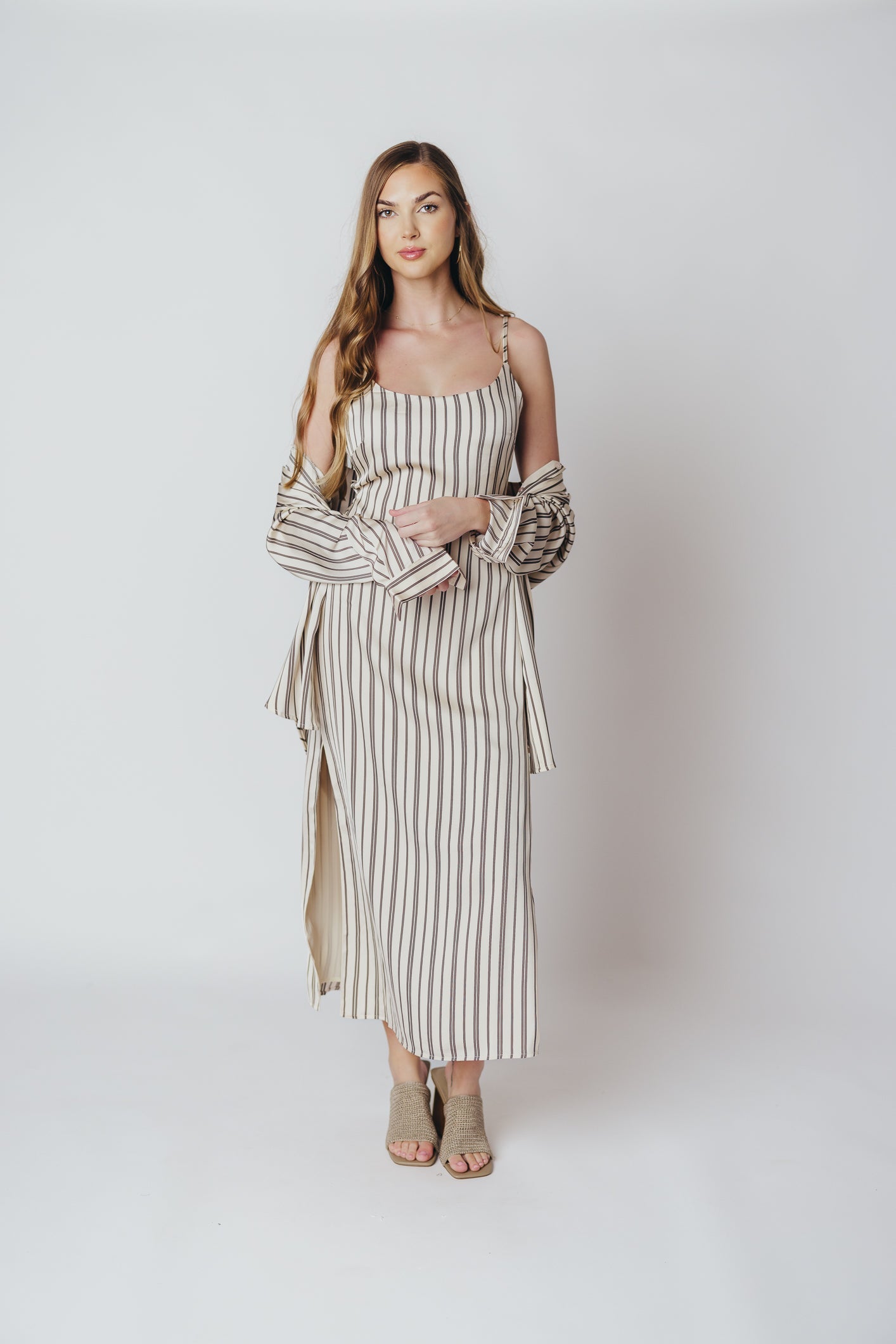 Bridgette Satin Midi Dress in Cream/Black Pinstripe