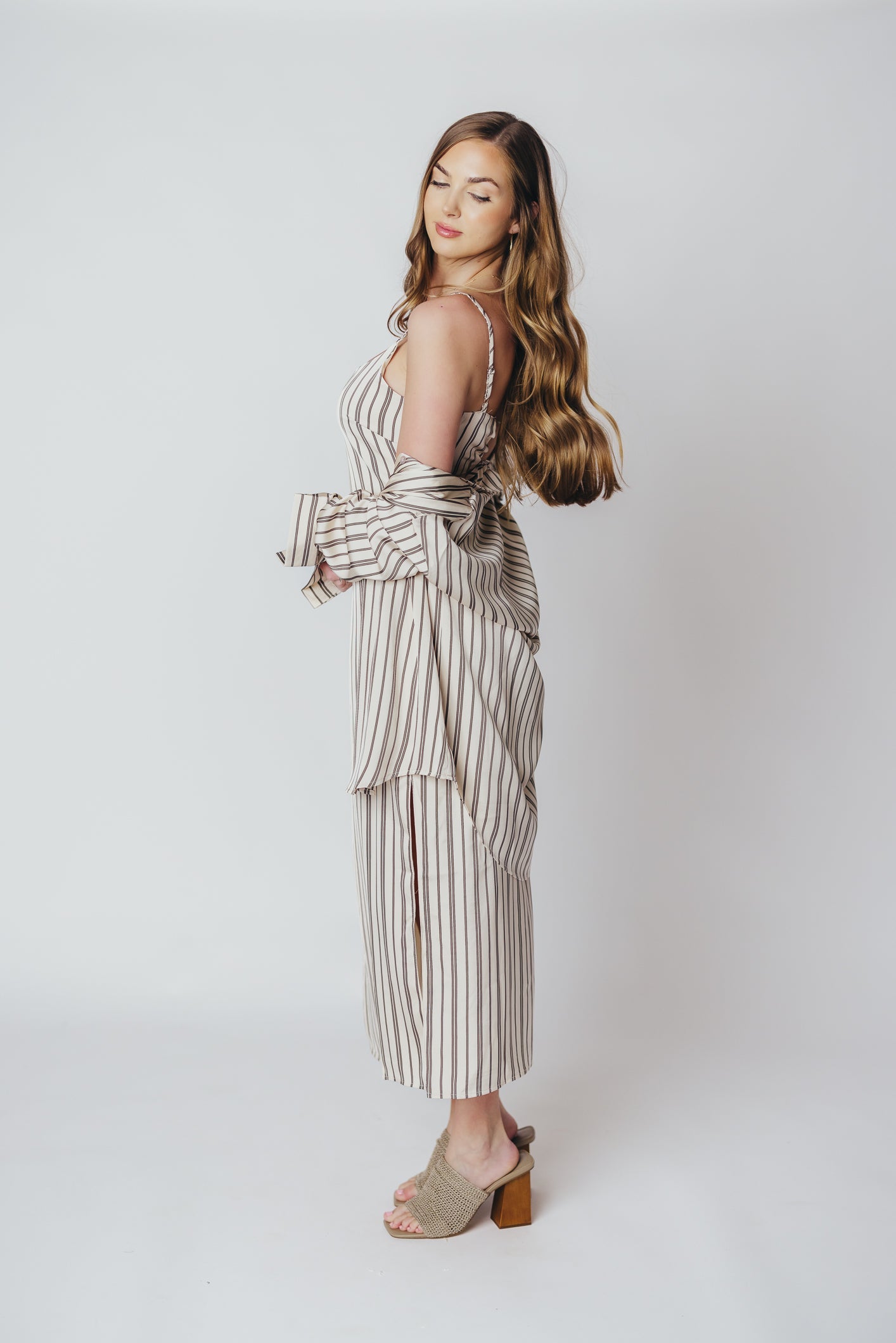 Bridgette Satin Midi Dress in Cream/Black Pinstripe