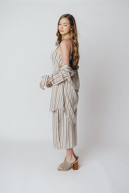 Bridgette Satin Midi Dress in Cream/Black Pinstripe