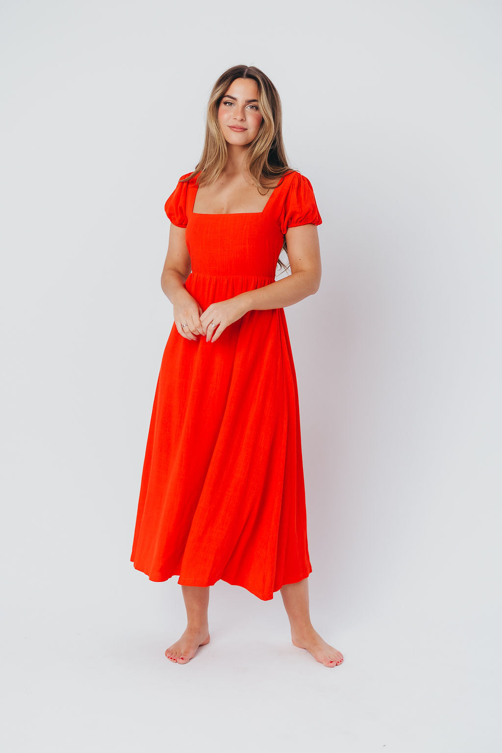 August Open Back Midi Dress in Poppy - Bump Friendly