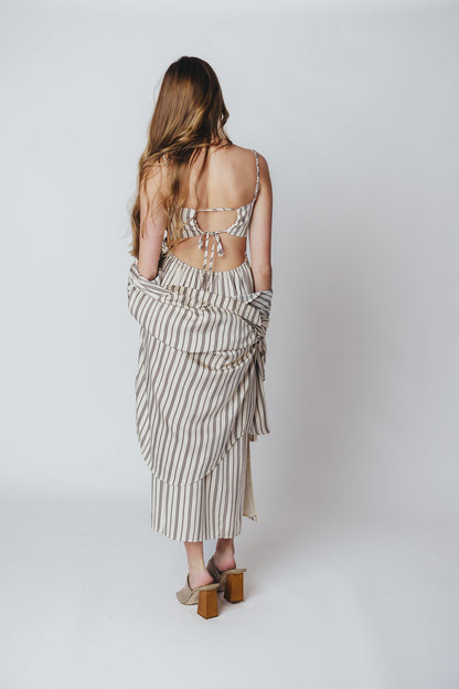 Bridgette Satin Midi Dress in Cream/Black Pinstripe