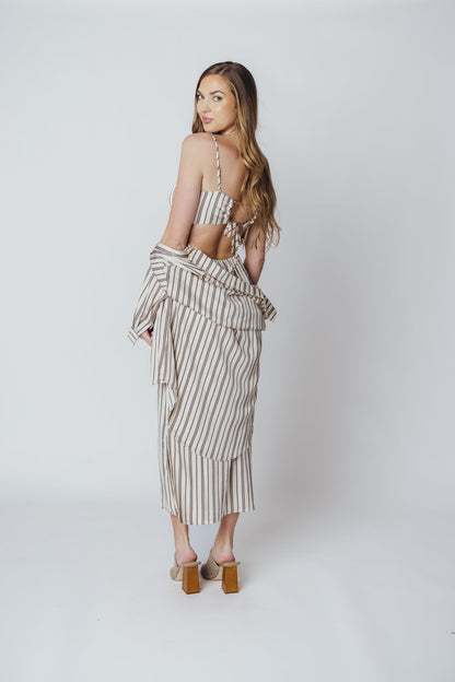 Bridgette Satin Midi Dress in Cream/Black Pinstripe