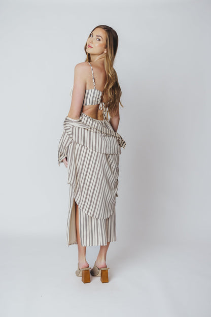 Bridgette Satin Midi Dress in Cream/Black Pinstripe