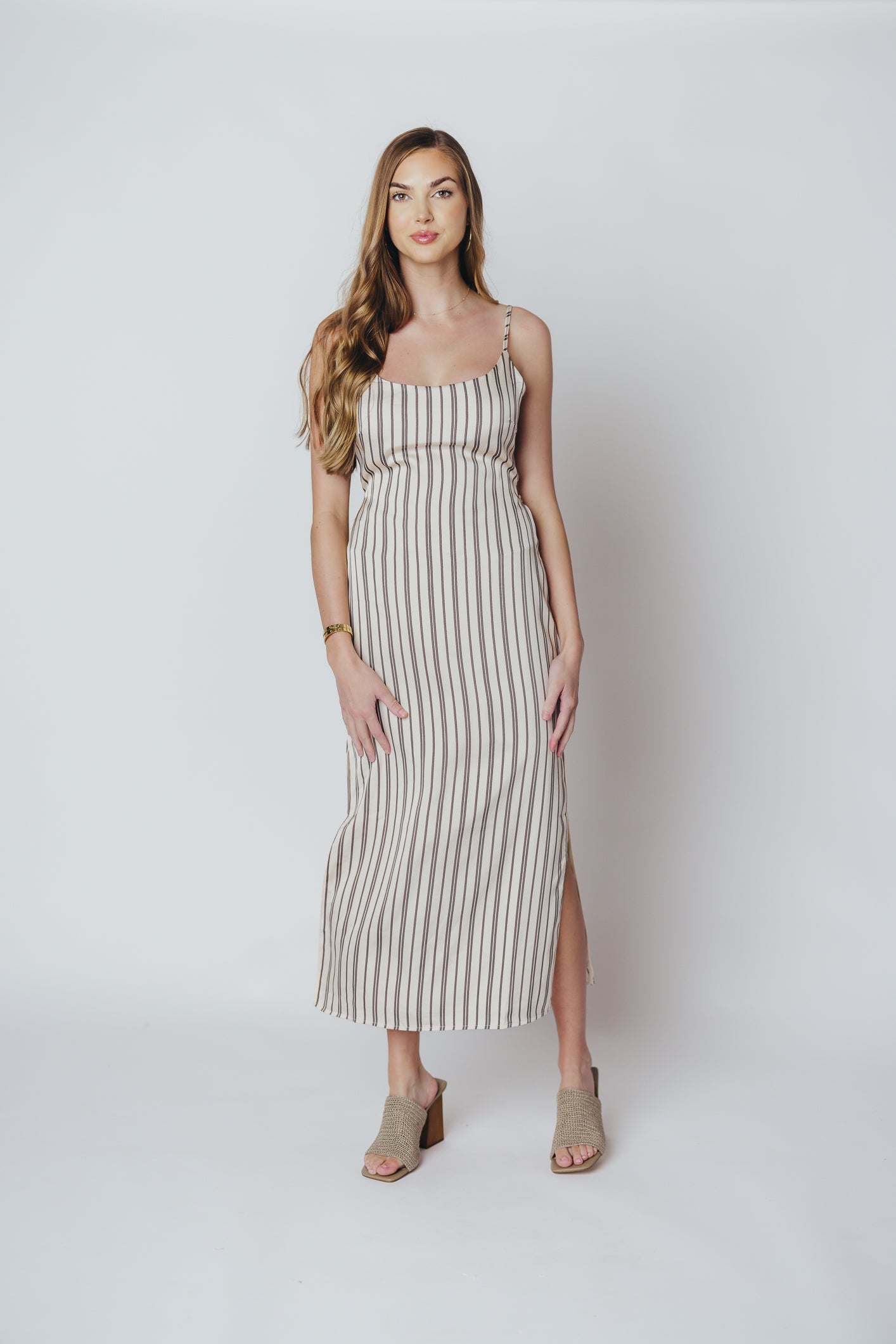 Bridgette Satin Midi Dress in Cream/Black Pinstripe