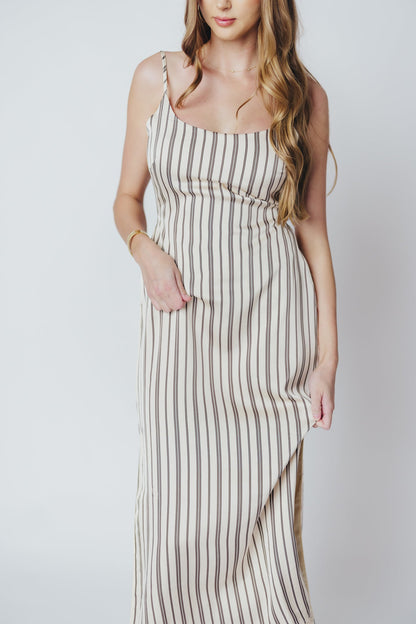 Bridgette Satin Midi Dress in Cream/Black Pinstripe