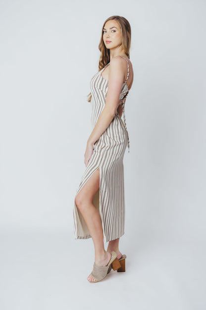 Bridgette Satin Midi Dress in Cream/Black Pinstripe