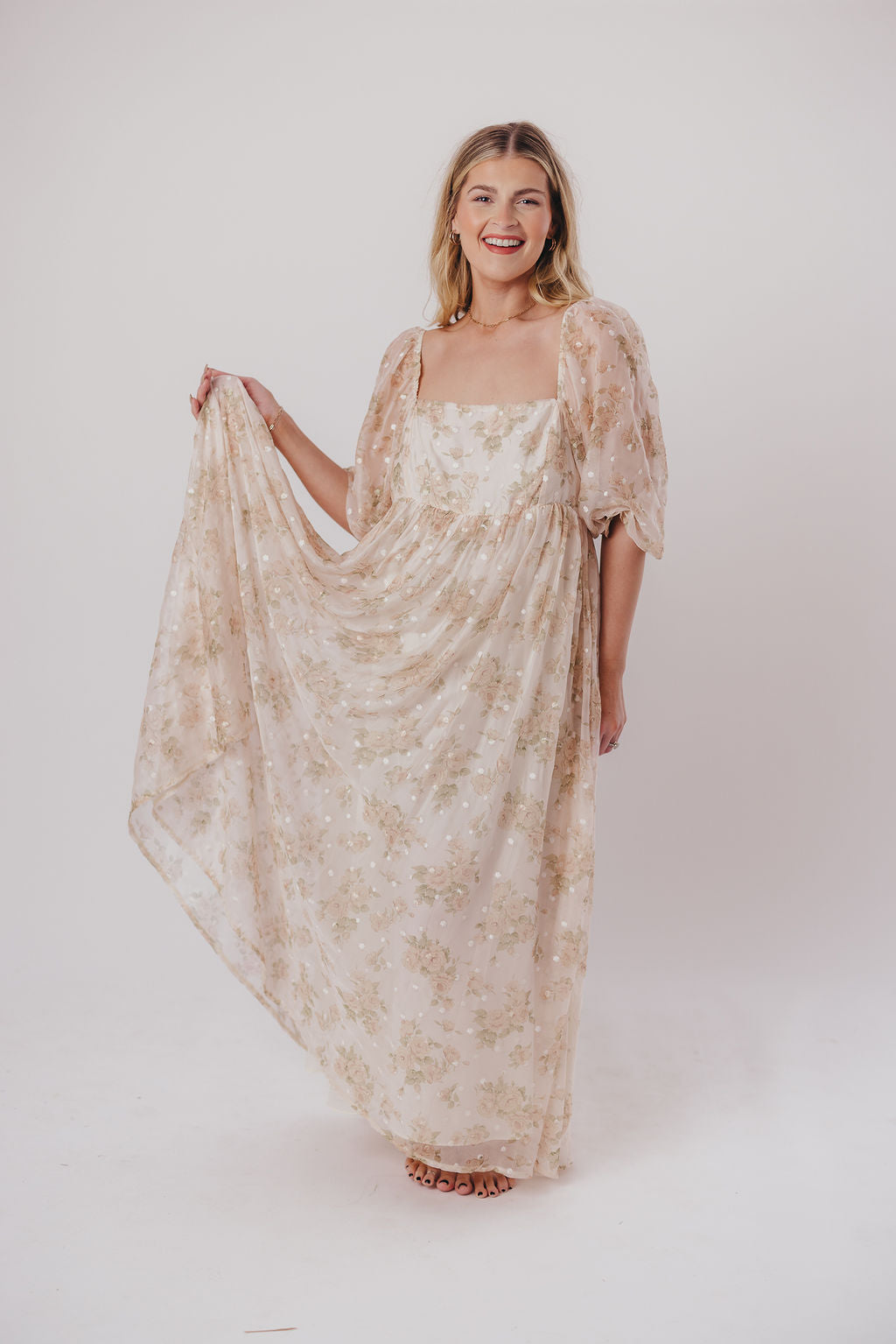 Mona Maxi Dress with Smocking in Cream Floral - Bump Friendly & Inclusive Sizing (S-3XL)