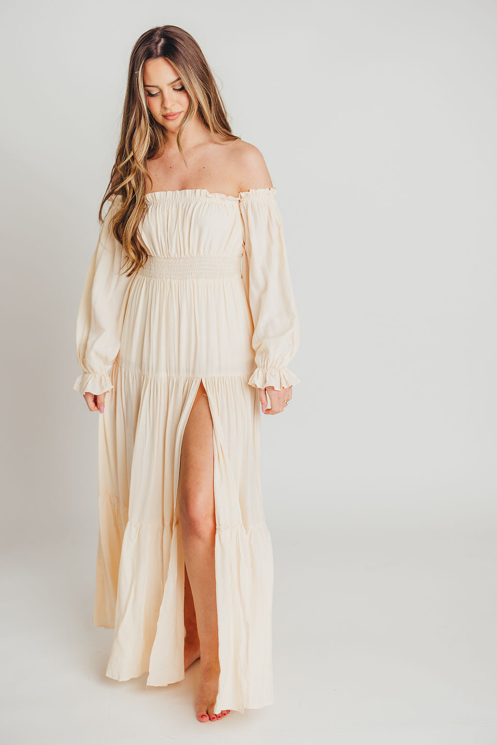 Harper Cru Long Sleeve Off-Shoulder Maxi Dress in Cream (S-XL)