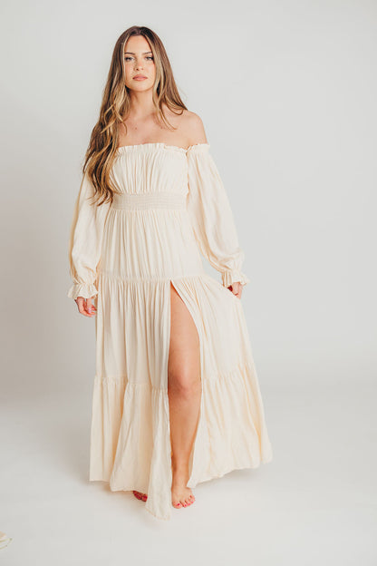 Harper Cru Long Sleeve Off-Shoulder Maxi Dress in Cream (S-XL)