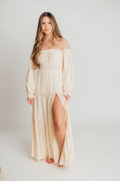 Harper Cru Long Sleeve Off-Shoulder Maxi Dress in Cream (S-XL)