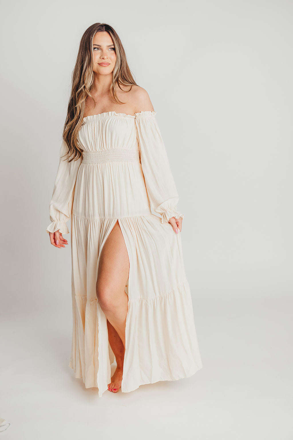 Harper Cru Long Sleeve Off-Shoulder Maxi Dress in Cream (S-XL)