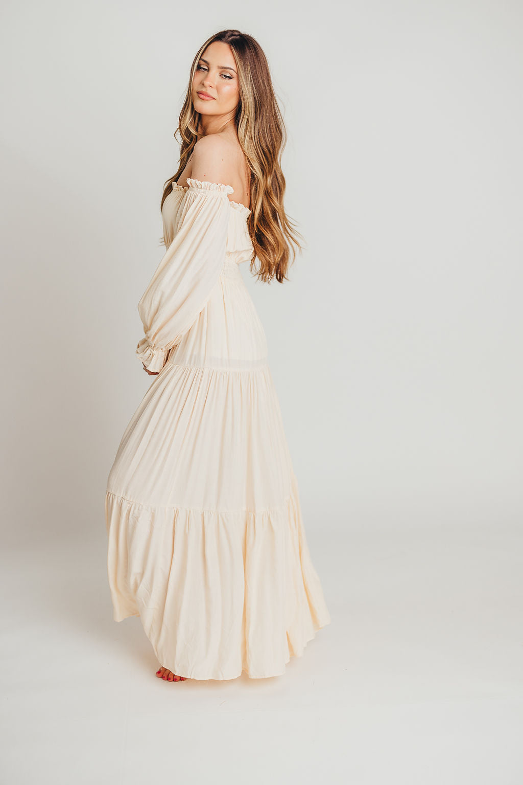 Harper Cru Long Sleeve Off-Shoulder Maxi Dress in Cream (S-XL)